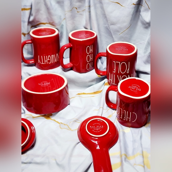 Rae Dunn set 8 Christmas Red Ceramic Coffe Mugs 16 Oz mugs sugar jar bowl exct - Picture 5 of 9
